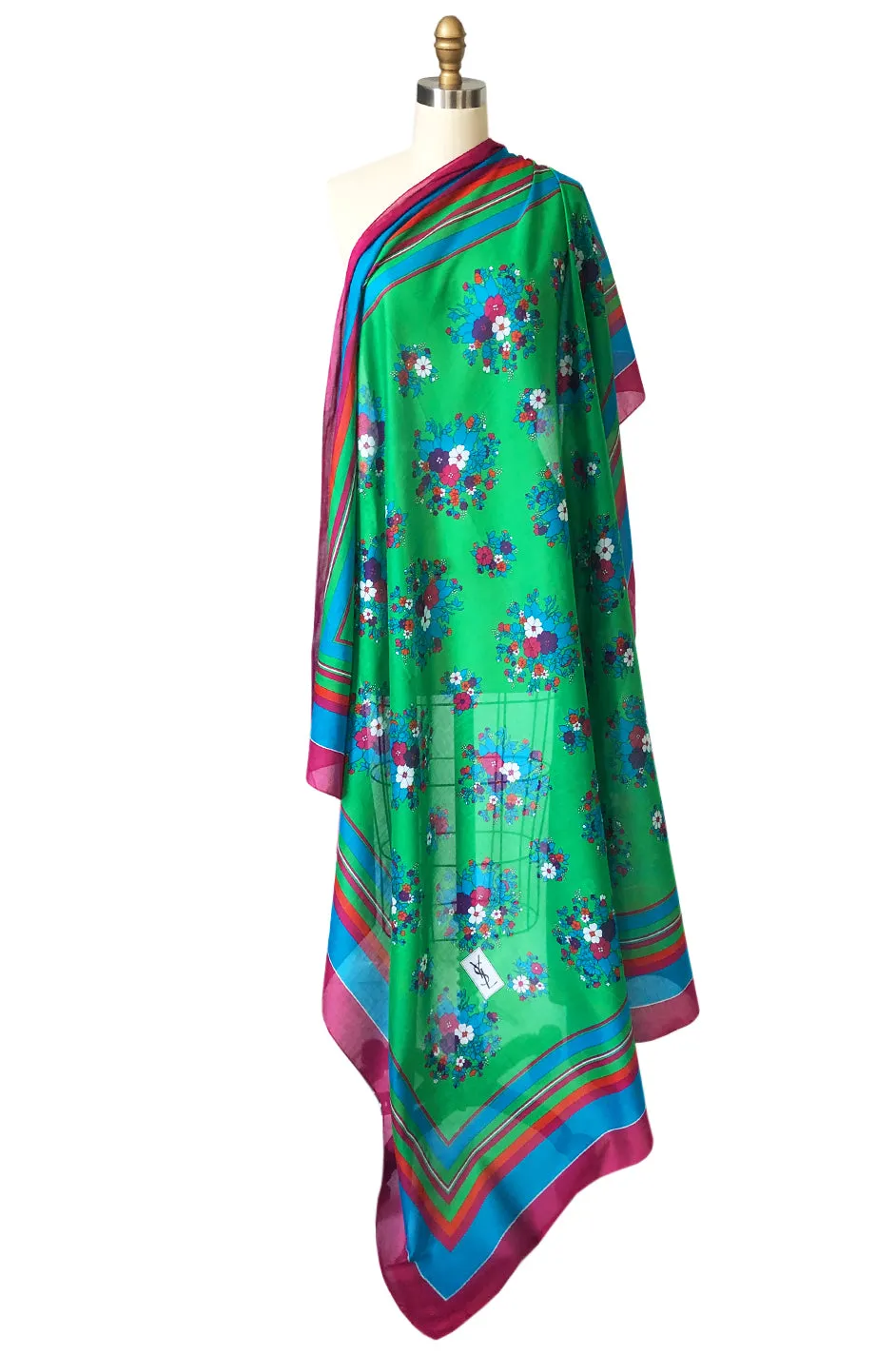 Huge 1970s Yves Saint Laurent Green & Pink Floral Cotton and Silk Scarf