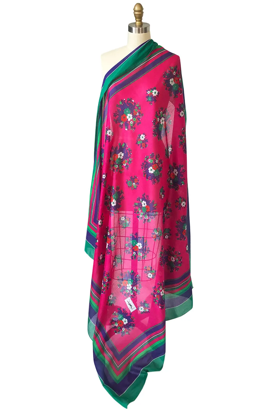 Huge 1970s Yves Saint Laurent Pink & Green Floral Cotton and Silk Scarf