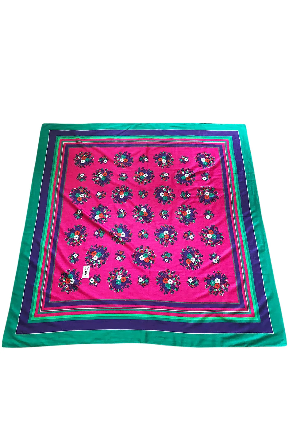 Huge 1970s Yves Saint Laurent Pink & Green Floral Cotton and Silk Scarf