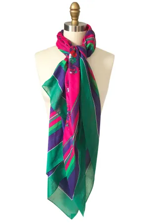 Huge 1970s Yves Saint Laurent Pink & Green Floral Cotton and Silk Scarf