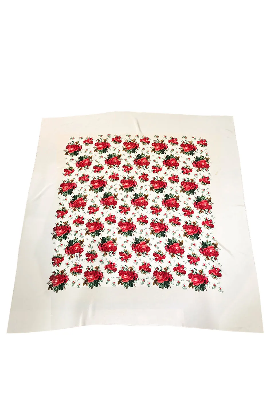 Huge 1970s Yves Saint Laurent Silk Red Rose Print Ivory Scarf