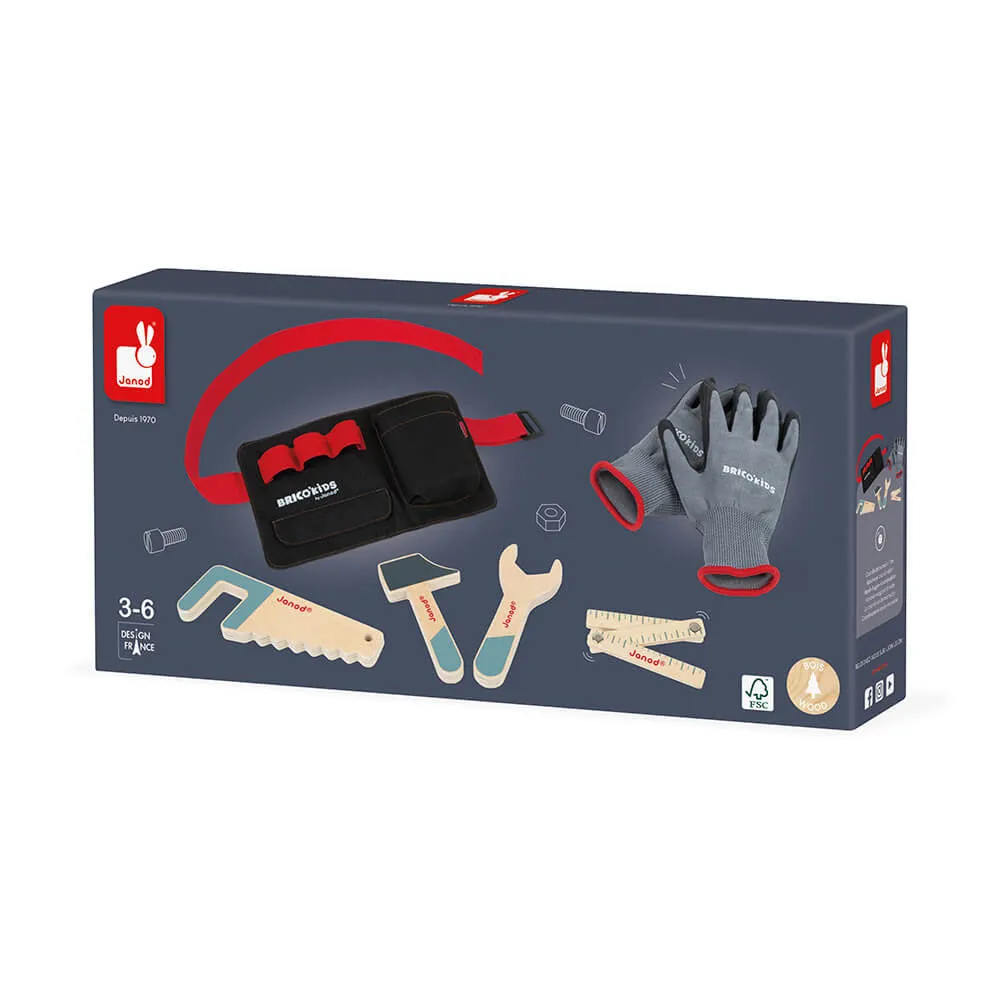 Janod DIY Tool Belt with Wooden Tools and Gloves