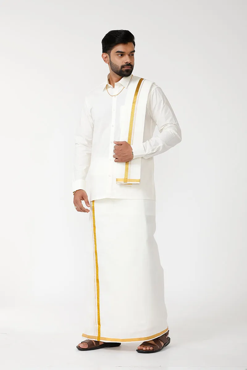 Kalyanam - Cream Shirt and Jari Double Layered Dhoti With Towel 3in1 Wedding Set For Mens | Uathayam