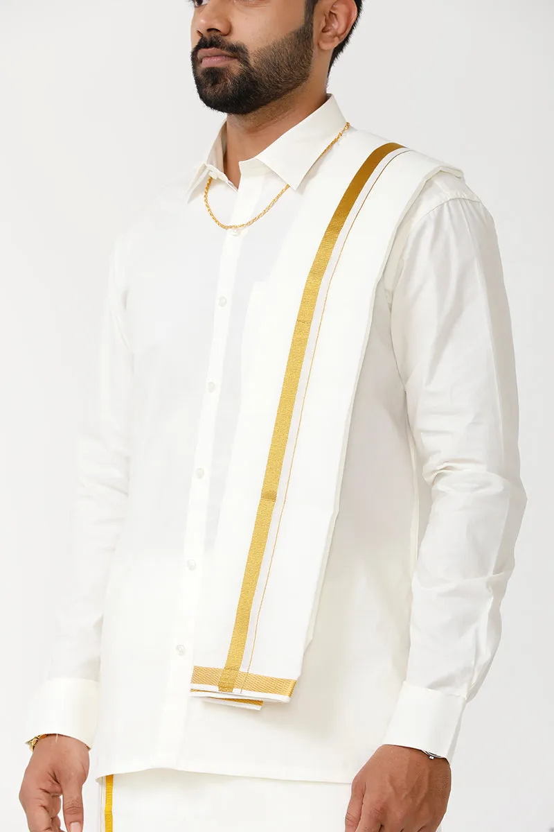 Kalyanam - Cream Shirt and Jari Double Layered Dhoti With Towel 3in1 Wedding Set For Mens | Uathayam