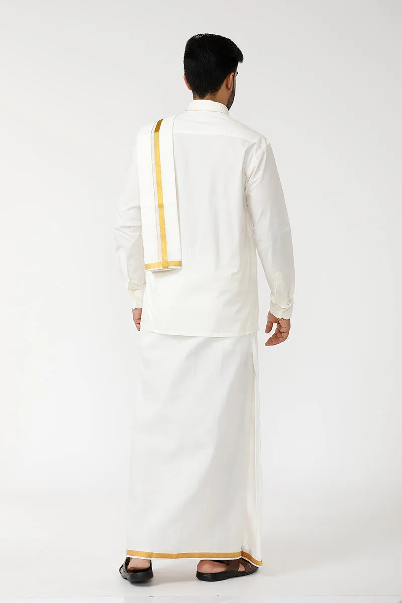 Kalyanam - Cream Shirt and Jari Double Layered Dhoti With Towel 3in1 Wedding Set For Mens | Uathayam