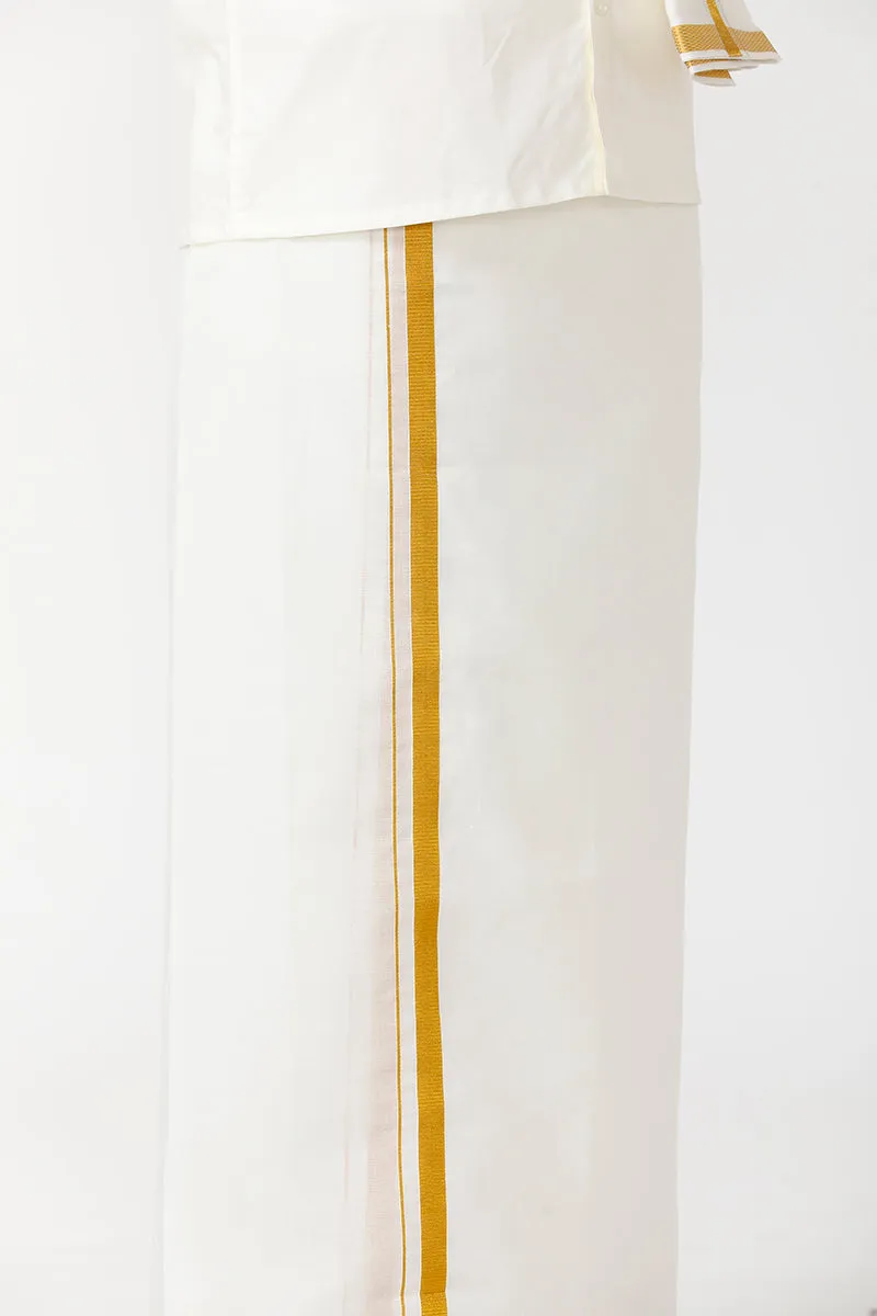 Kalyanam - Cream Shirt and Jari Double Layered Dhoti With Towel 3in1 Wedding Set For Mens | Uathayam