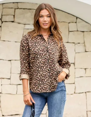 Kira Roll Tab Sleeve Shirt - Leopard Print