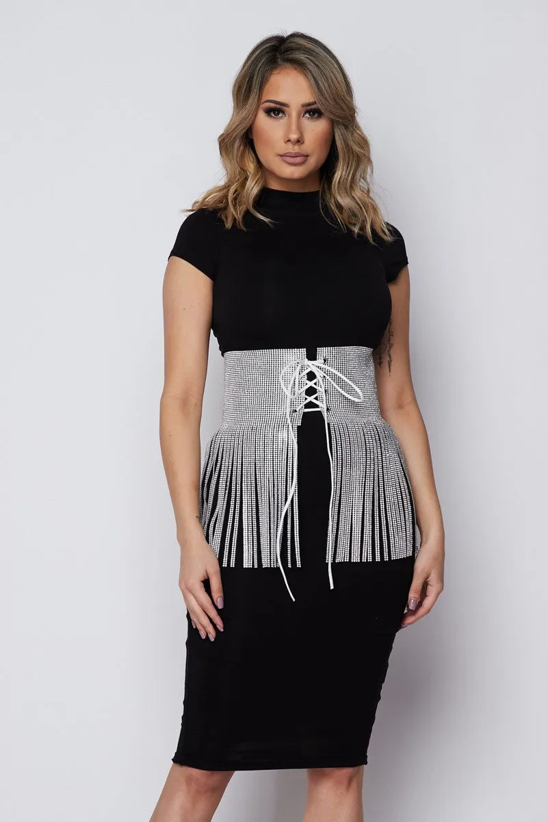Lace Up Rhinestone Fringe Belt- Silver