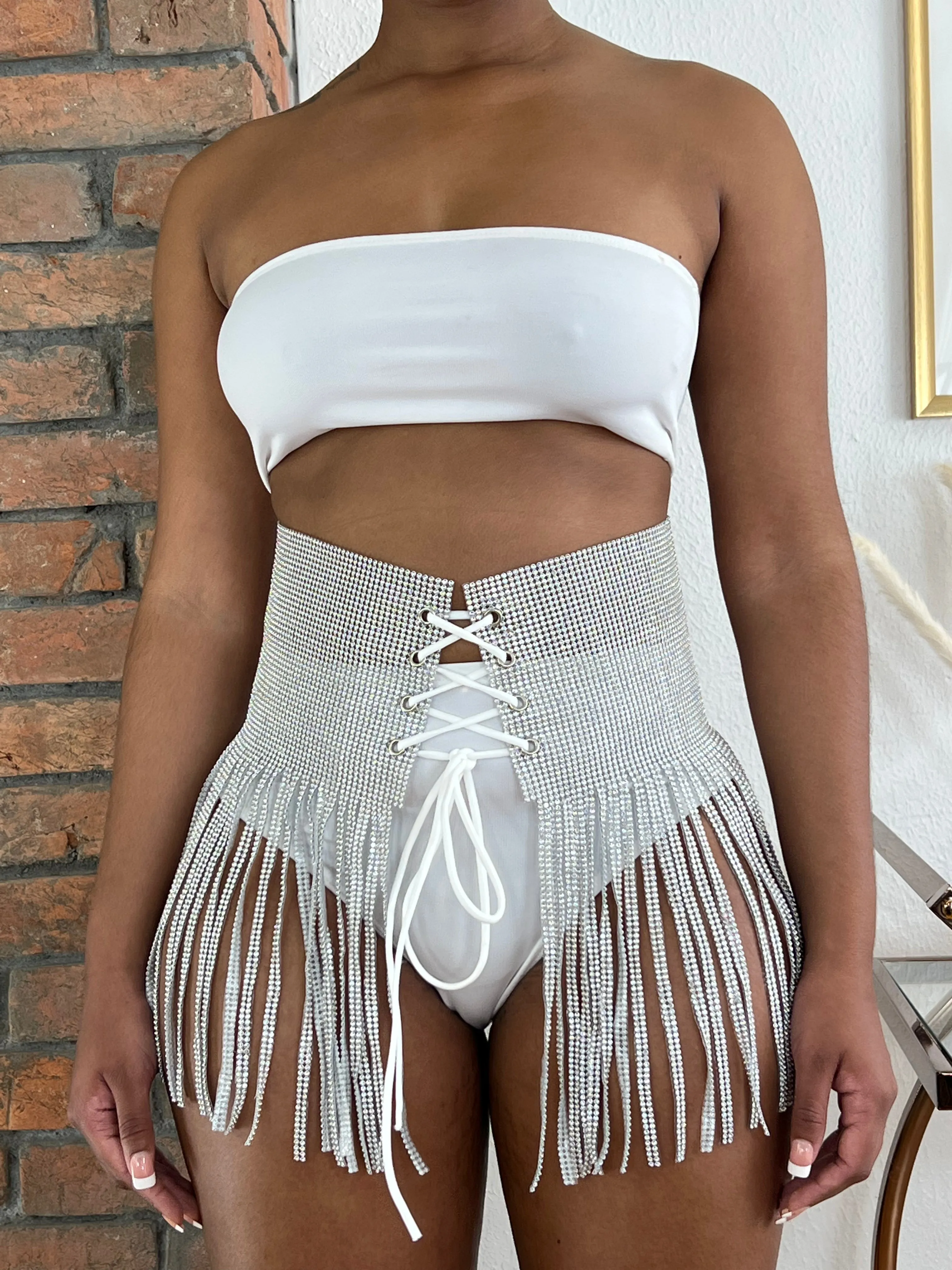 Lace Up Rhinestone Fringe Belt- Silver