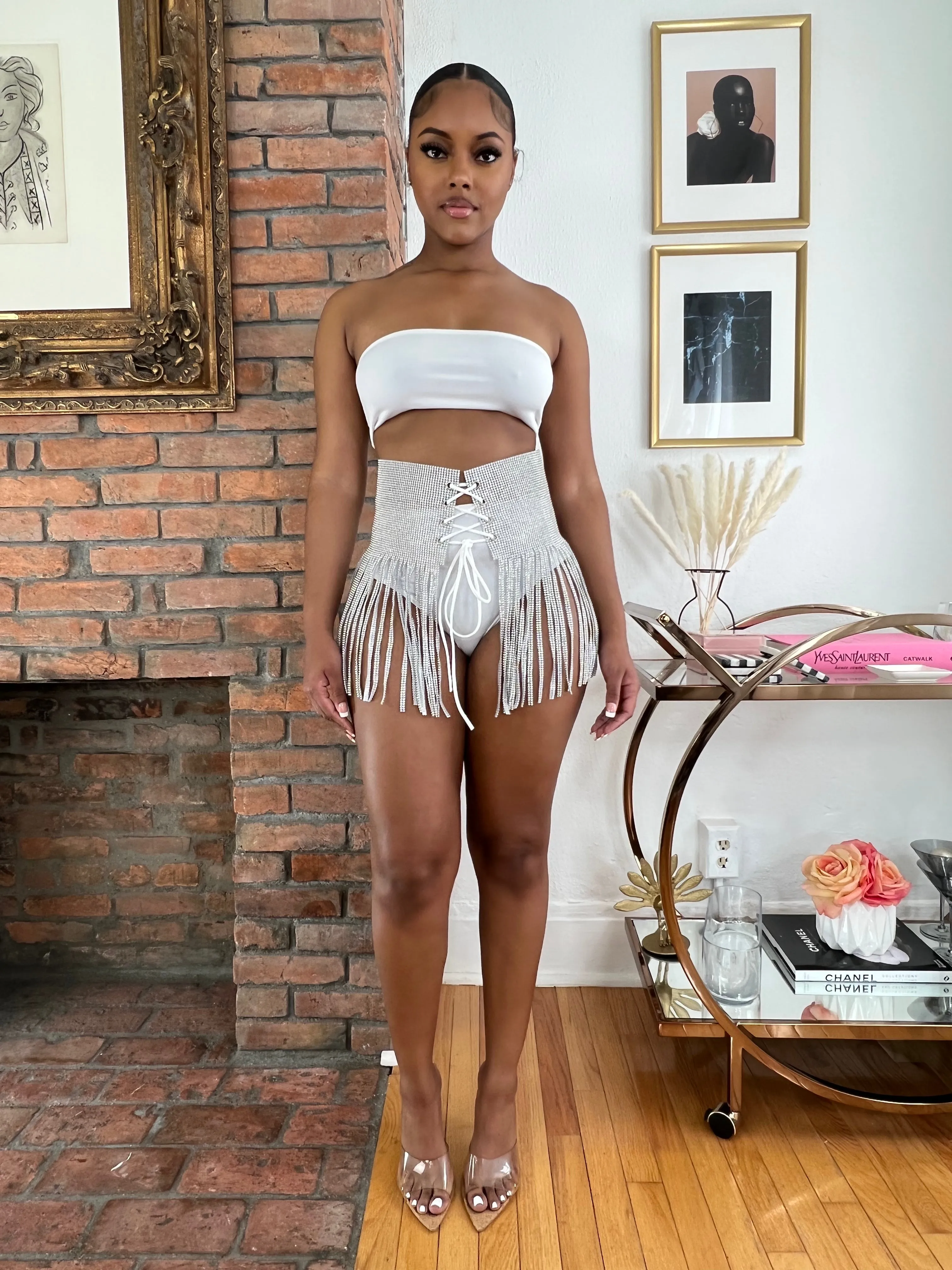 Lace Up Rhinestone Fringe Belt- Silver