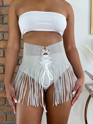 Lace Up Rhinestone Fringe Belt- Silver