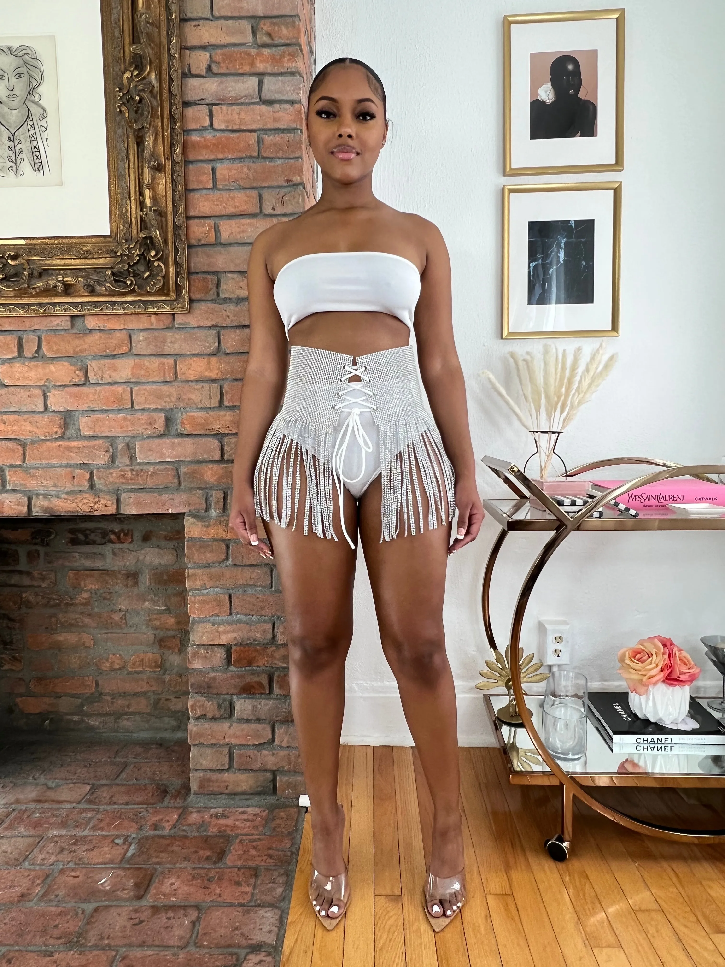 Lace Up Rhinestone Fringe Belt- Silver