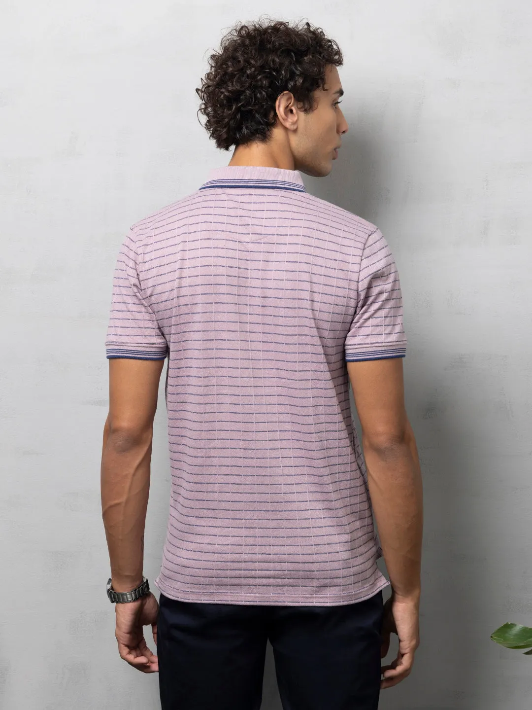 Lavender Textured Striped Polo T-Shirt