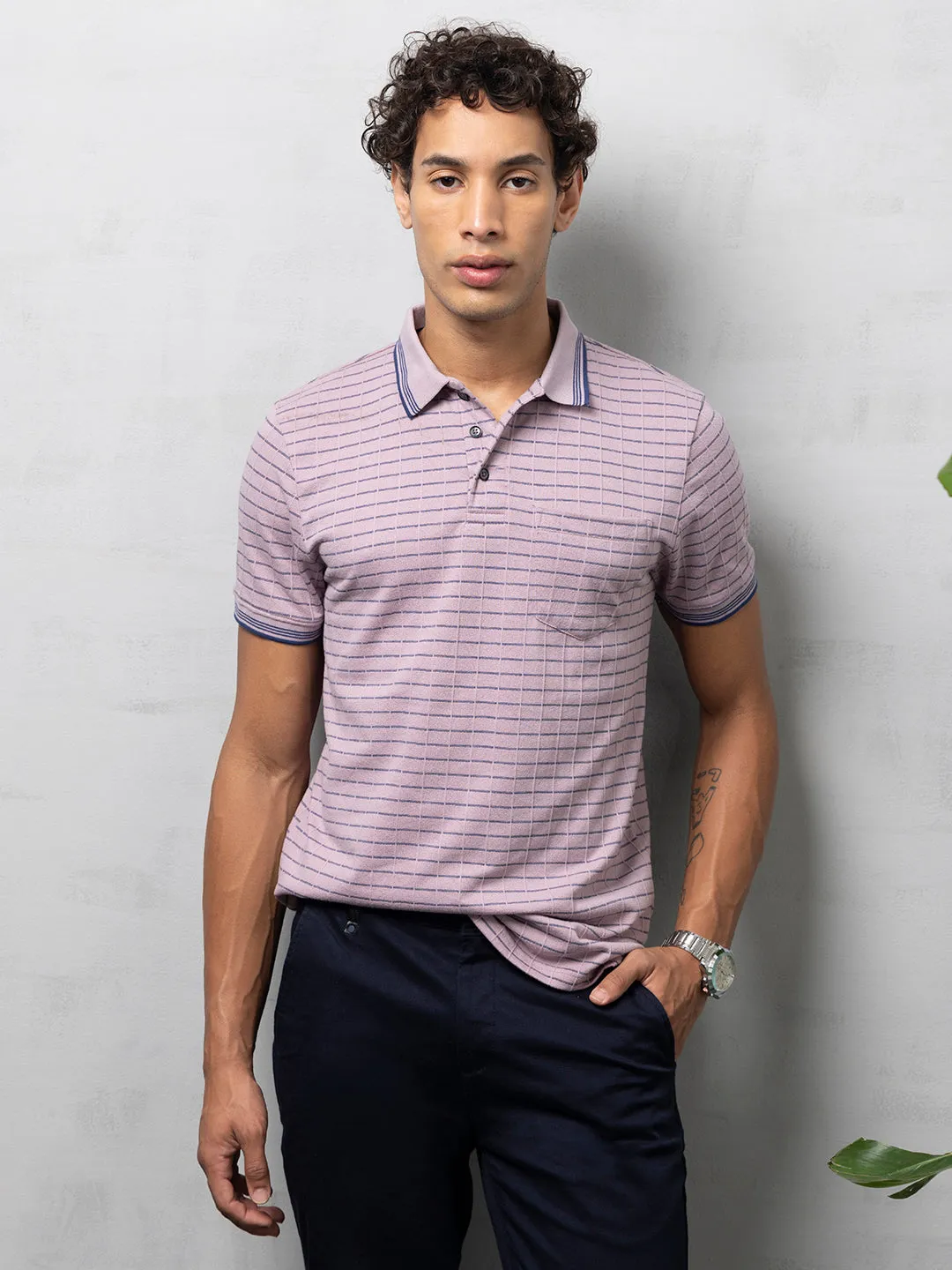 Lavender Textured Striped Polo T-Shirt