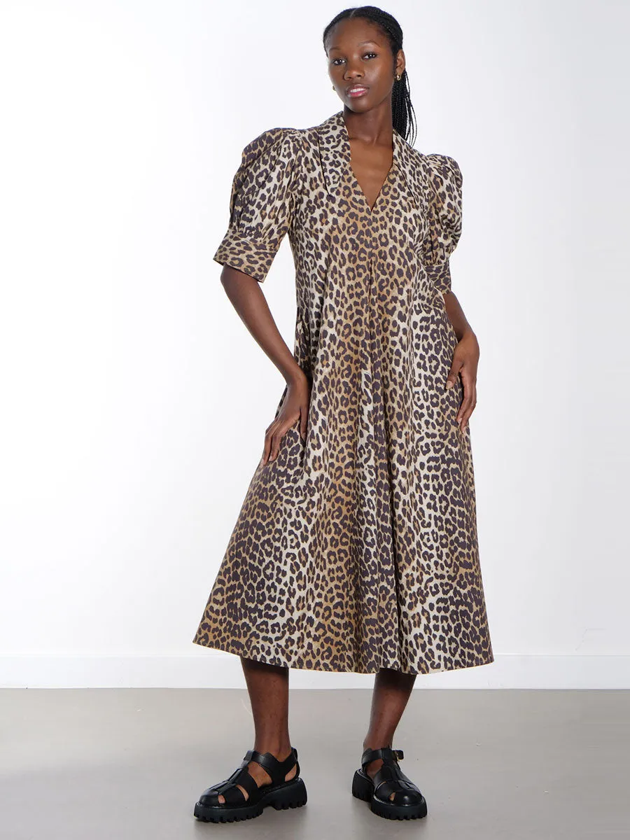 Leopard Cotton Poplin V-neck Maxi Dress