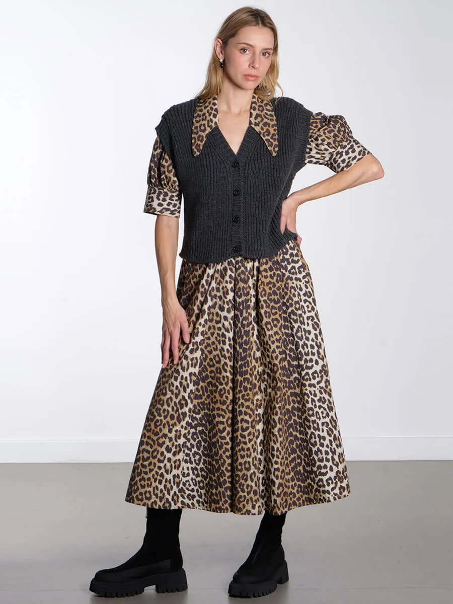 Leopard Cotton Poplin V-neck Maxi Dress