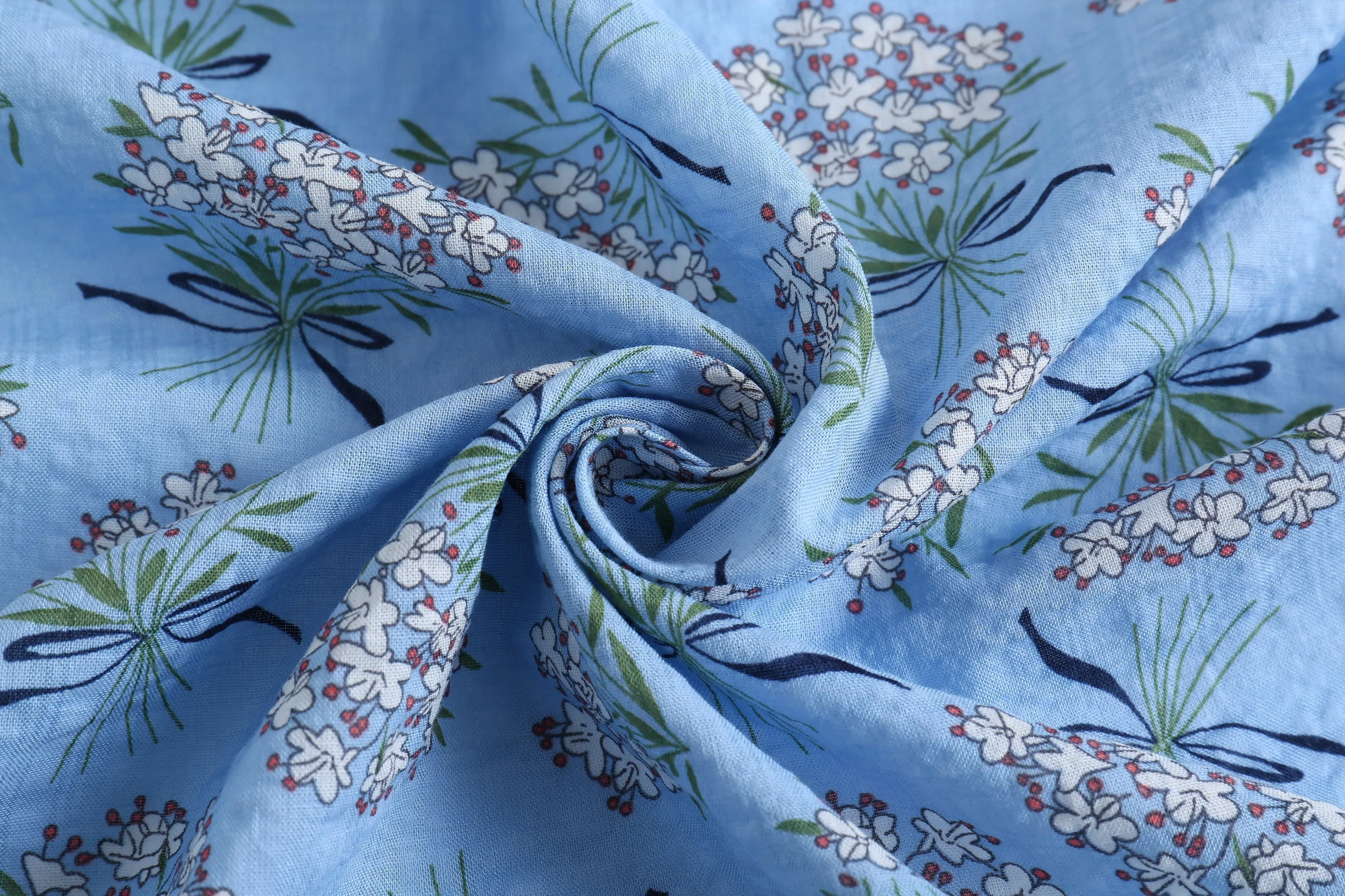 Light Blue Cotton Blend Scarf, Lightweight Cotton Blend Floral Scarf, Mother's Day Gift