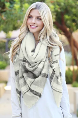 Light Grey Plaid Fringe Scarf