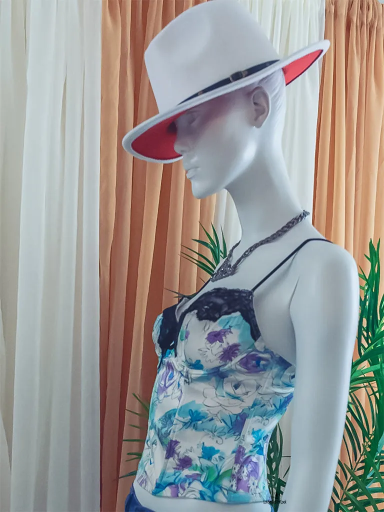 Londyn Fedora Wide Brimmed Hat ( White/Red
