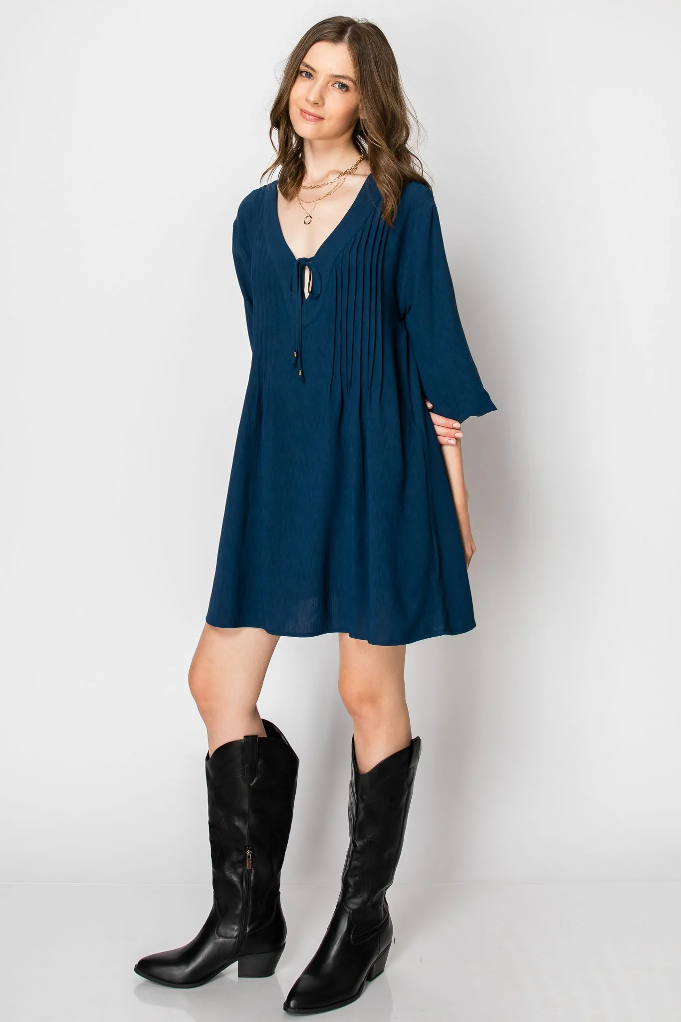 LONG SLEEVE PINTUCK A-LINE DRESS WITH FRONT TIE