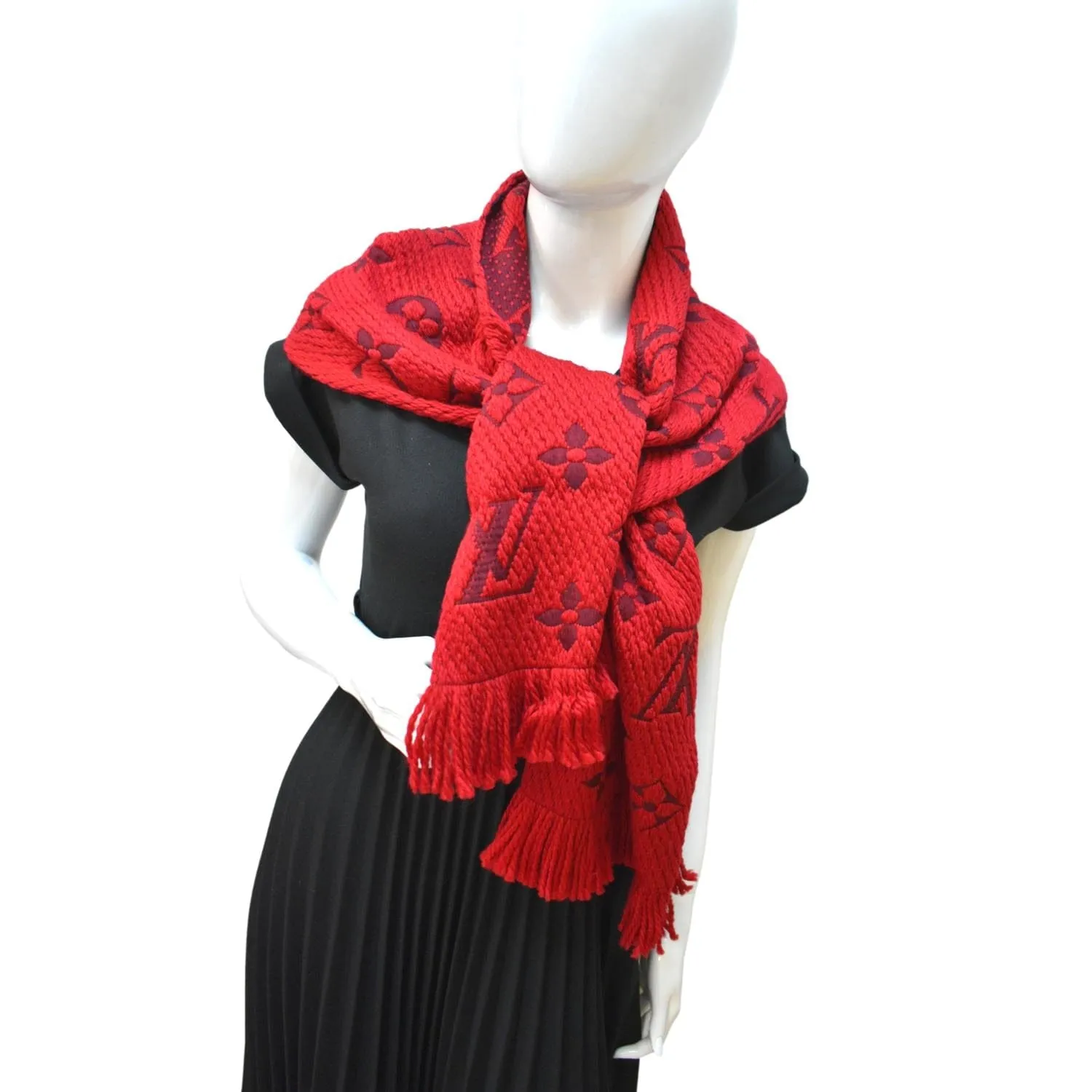 LOUIS VUITTON Logomania Ruby Red Wool Silk Scarf
