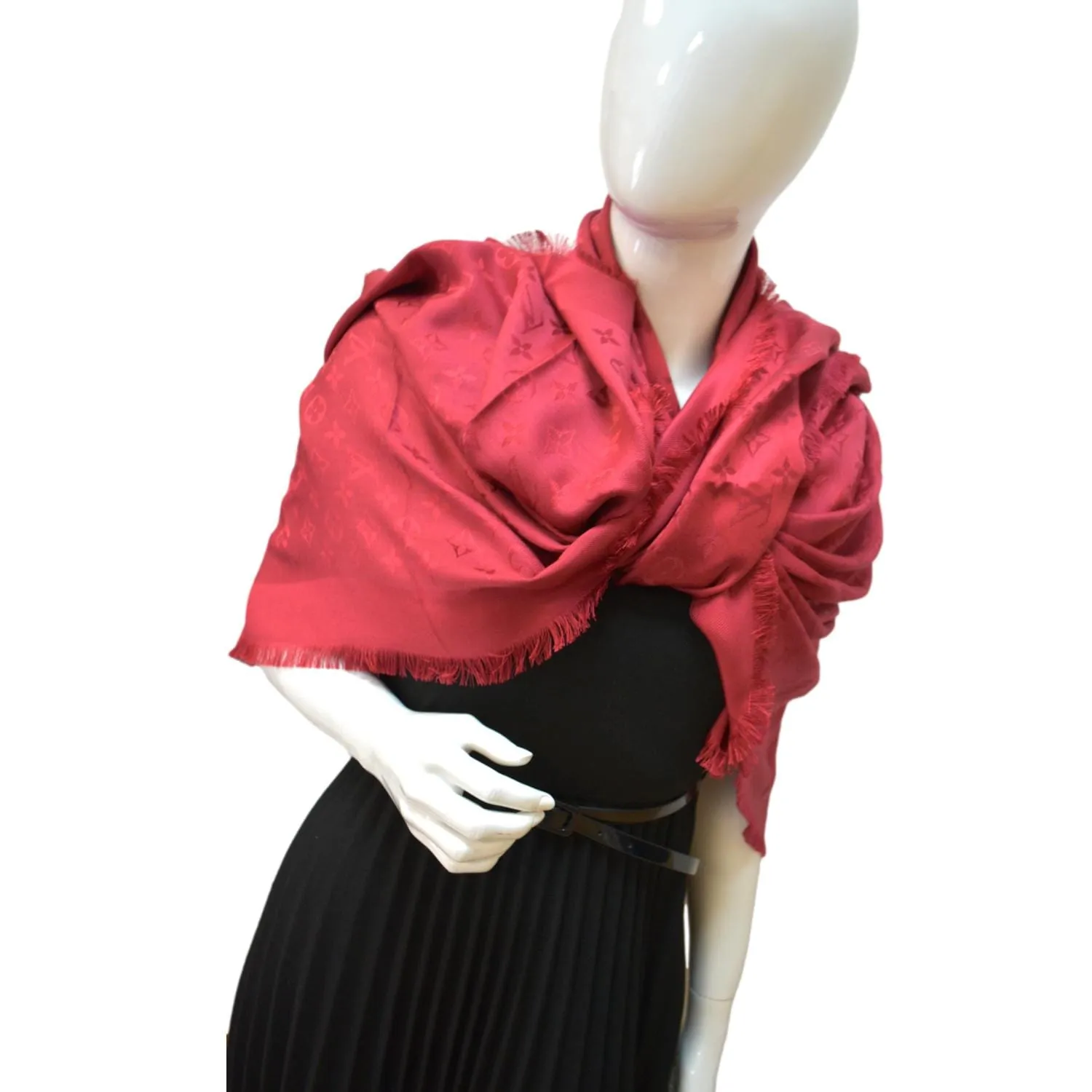 LOUIS VUITTON Monogram Red Silk Wool Shawl