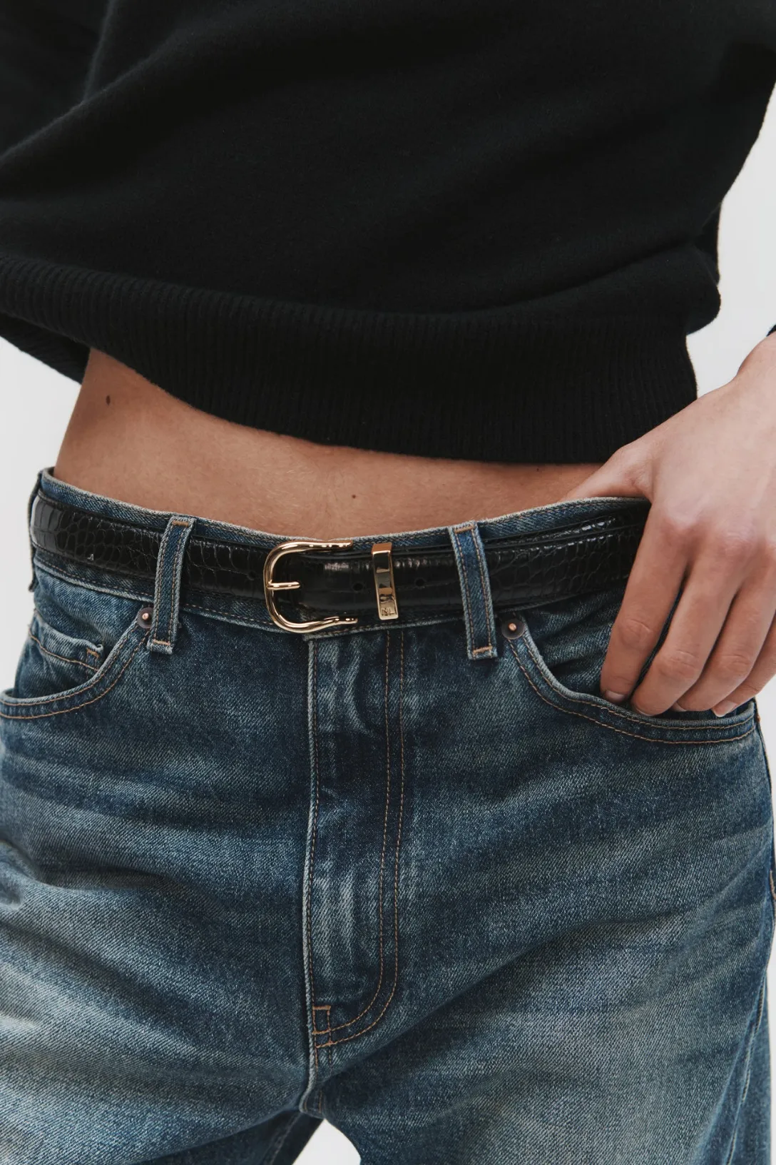 Louise Belt | Croc Black w/ Shiny Brass Buckle