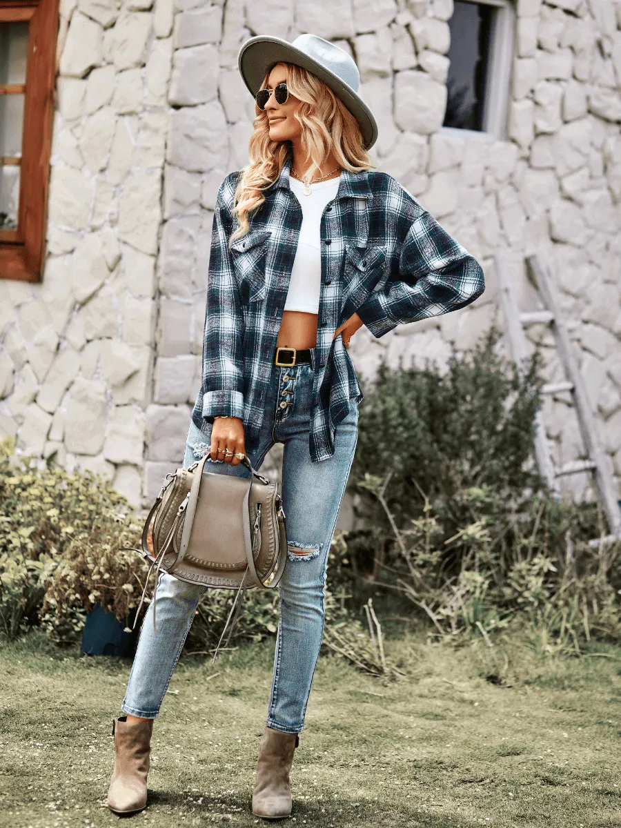 Lucky One Plaid Shacket - Navy
