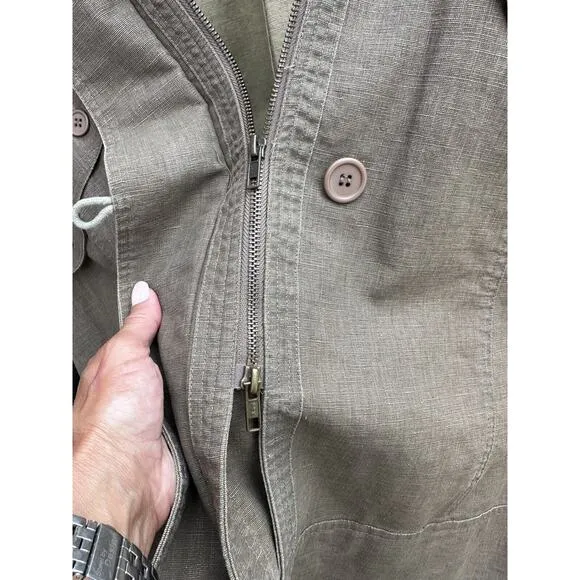 Mango MNG New York Small DRAB GREEN 100% Linen Hooded Long Utility Coat