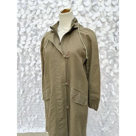 Mango MNG New York Small DRAB GREEN 100% Linen Hooded Long Utility Coat