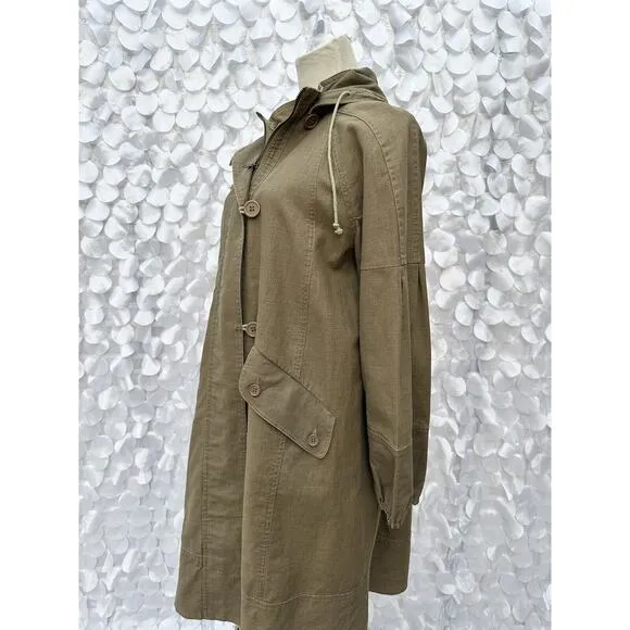 Mango MNG New York Small DRAB GREEN 100% Linen Hooded Long Utility Coat