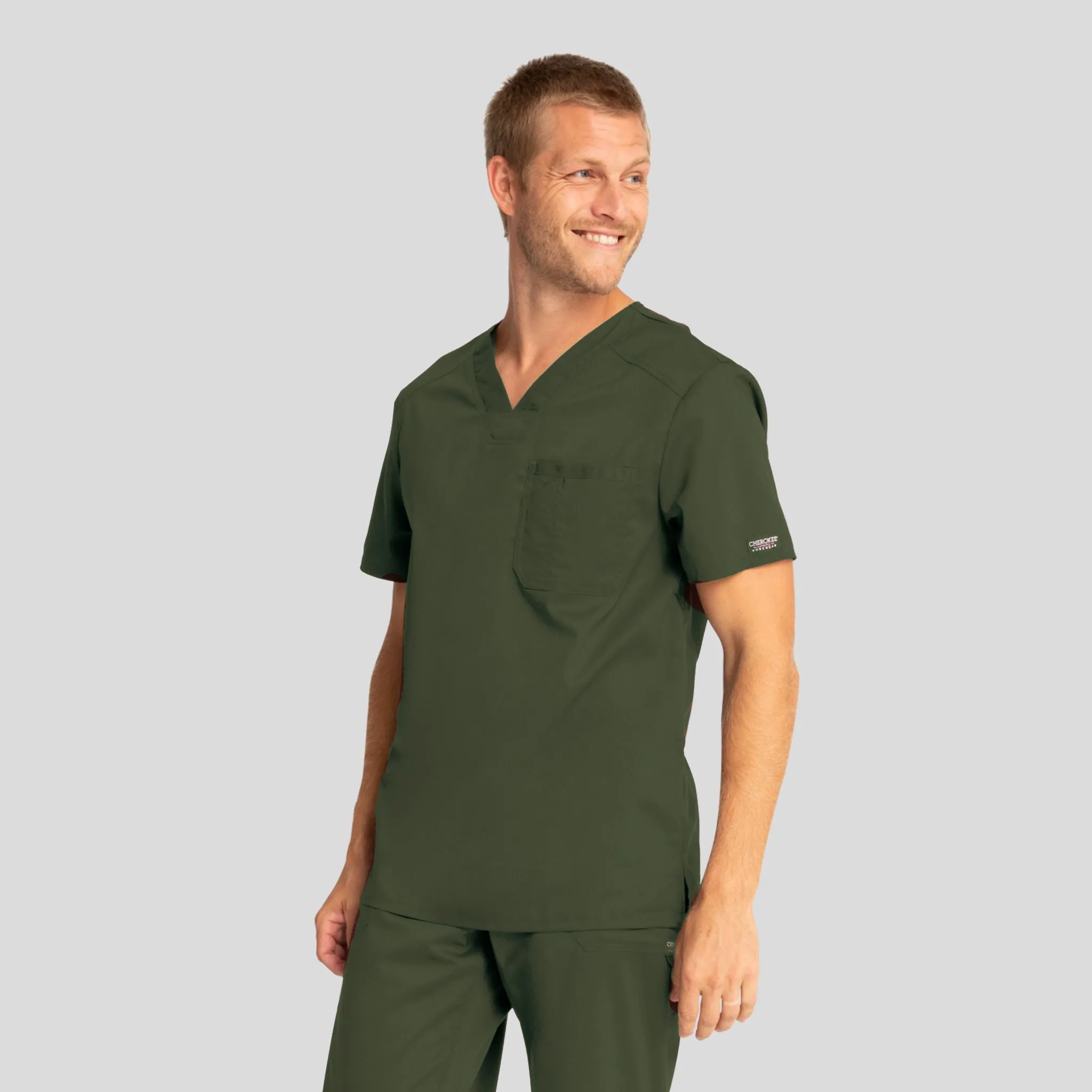 Men's V-Neck Solid Scrub Top | Olive