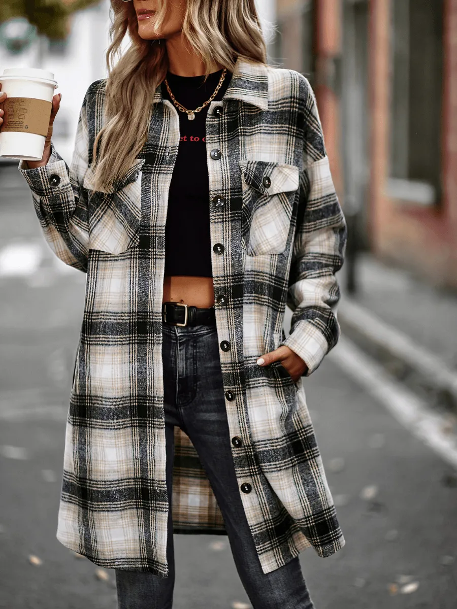 Midi Length Button-Up Pocketed Plaid Shacket - Black