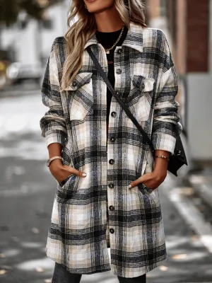 Midi Length Button-Up Pocketed Plaid Shacket - Black