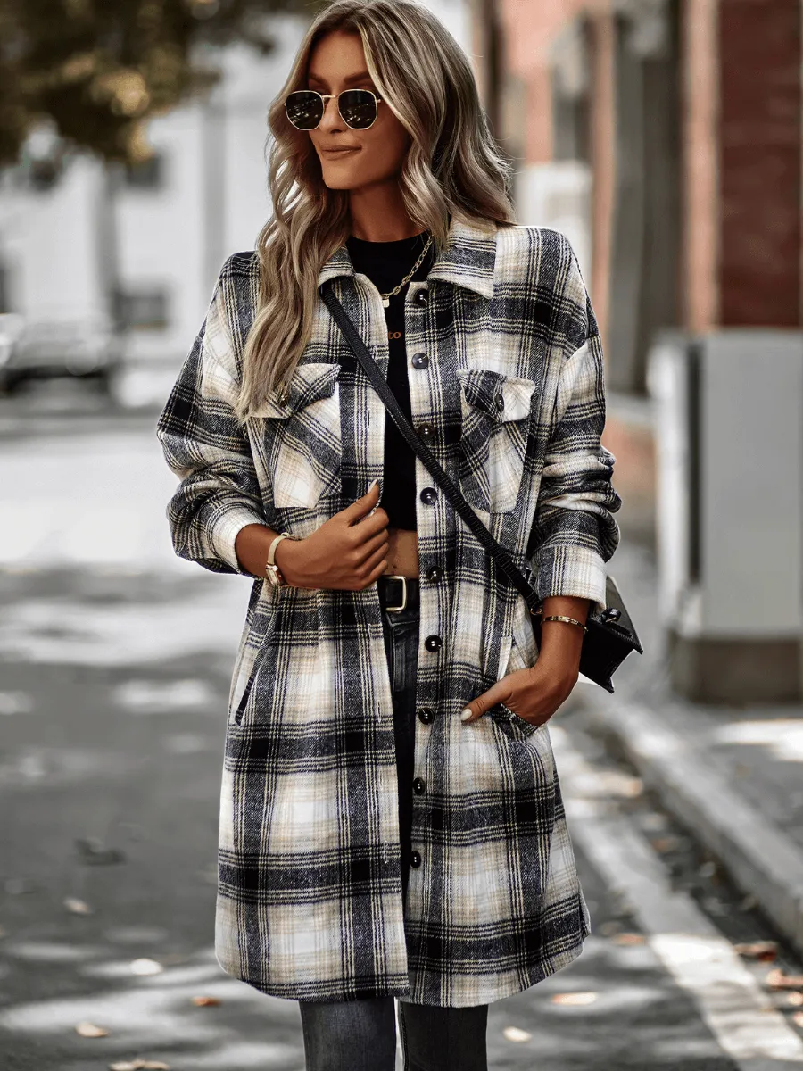 Midi Length Button-Up Pocketed Plaid Shacket - Black