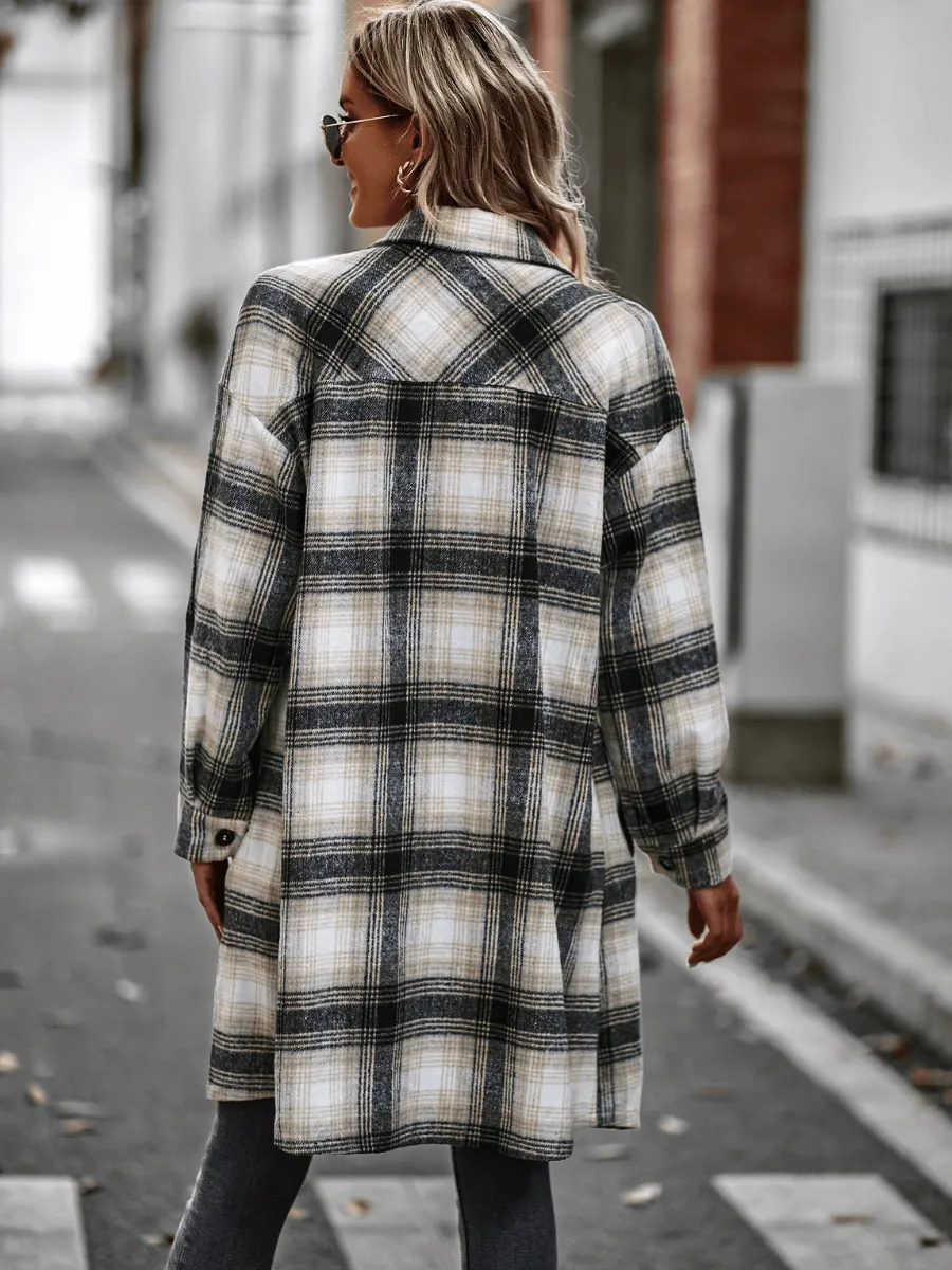 Midi Length Button-Up Pocketed Plaid Shacket - Black