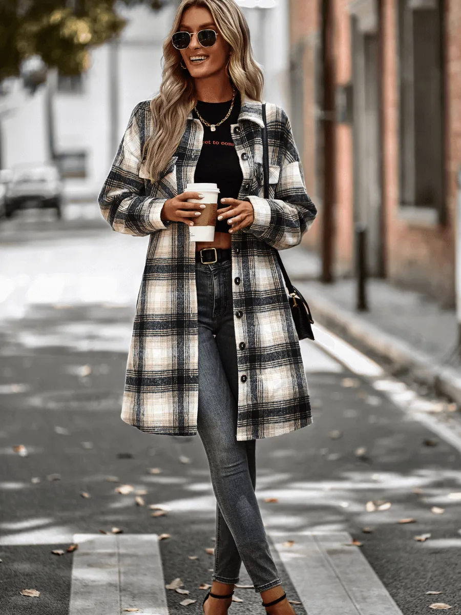 Midi Length Button-Up Pocketed Plaid Shacket - Black