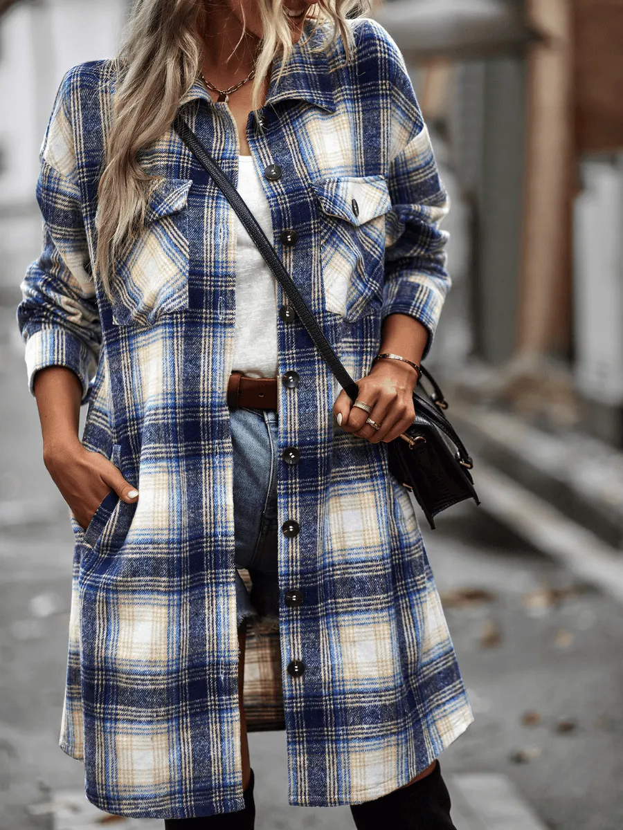 Midi Length Button-Up Pocketed Plaid Shacket - Navy