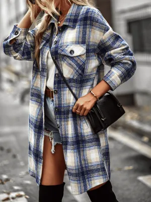 Midi Length Button-Up Pocketed Plaid Shacket - Navy