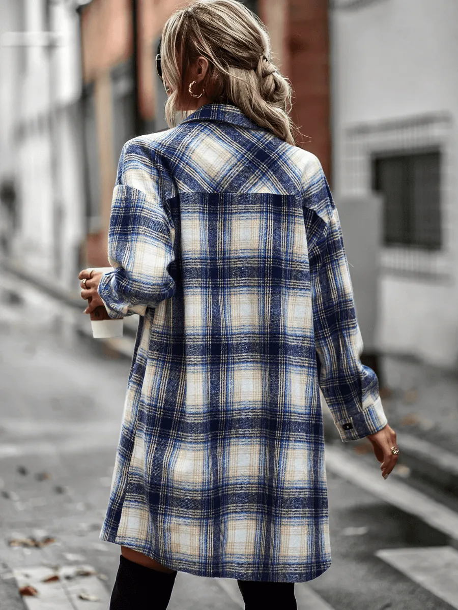 Midi Length Button-Up Pocketed Plaid Shacket - Navy