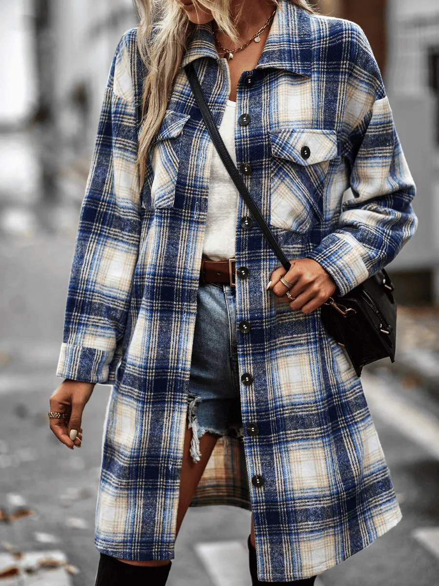Midi Length Button-Up Pocketed Plaid Shacket - Navy