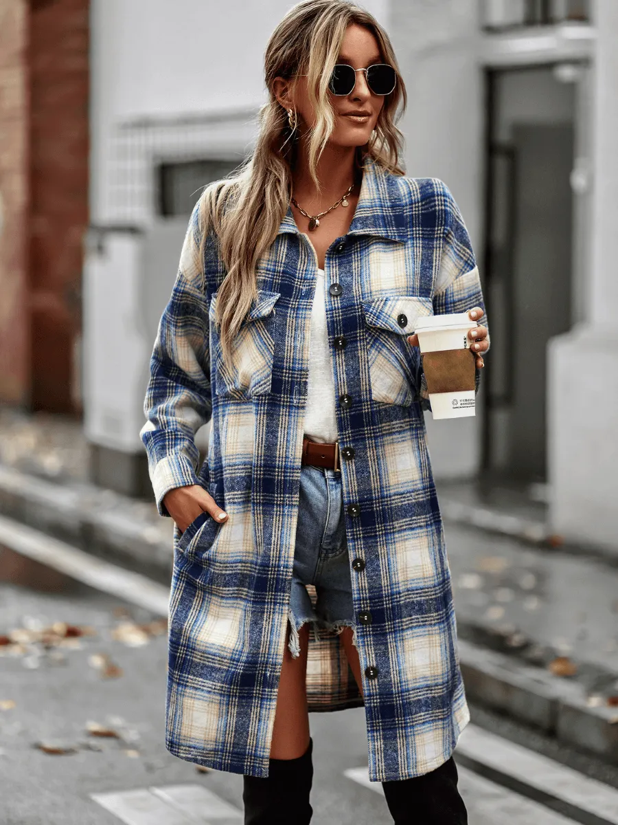 Midi Length Button-Up Pocketed Plaid Shacket - Navy