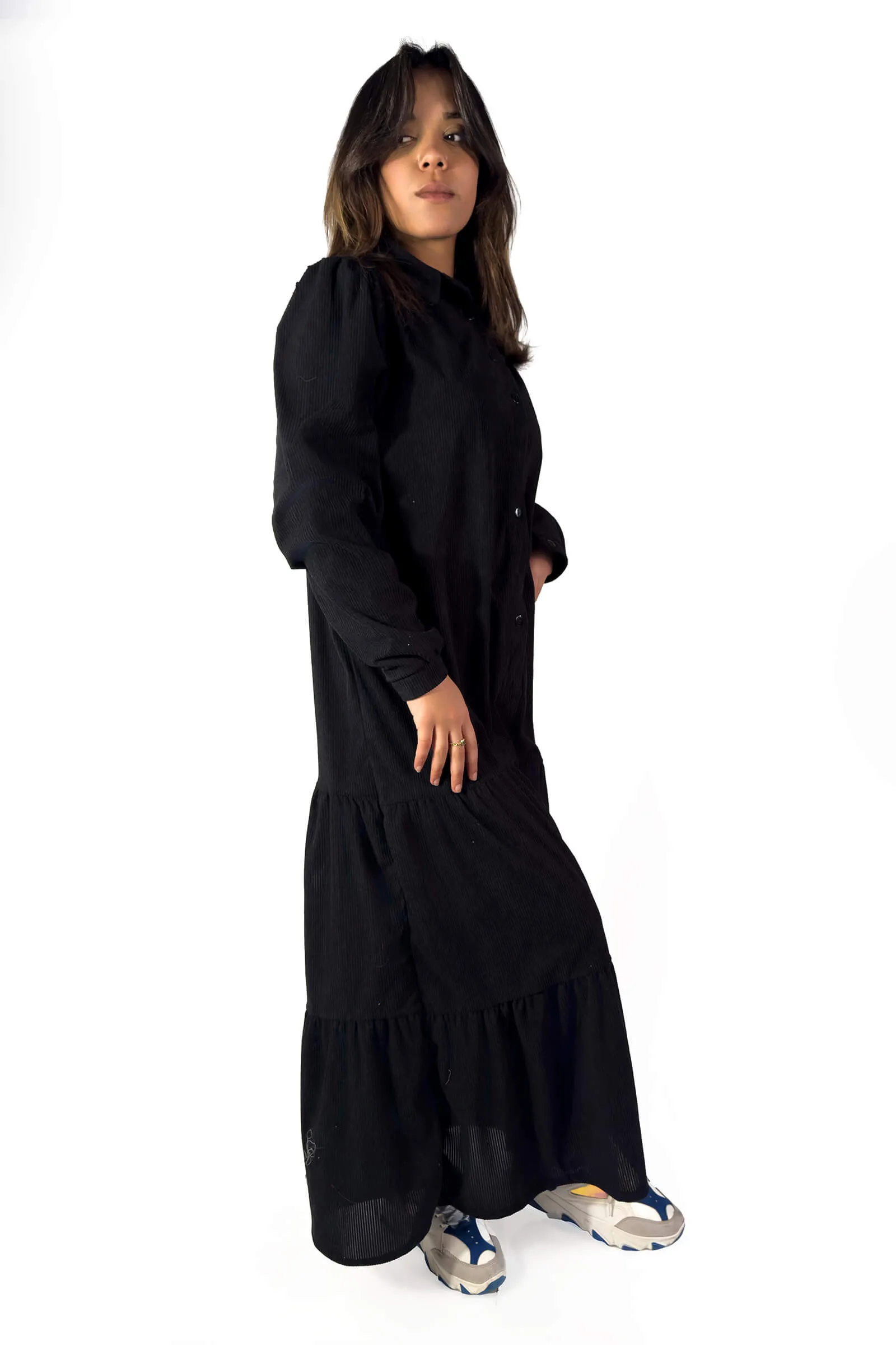 Midnight Elegance Black Layered Winter Dress