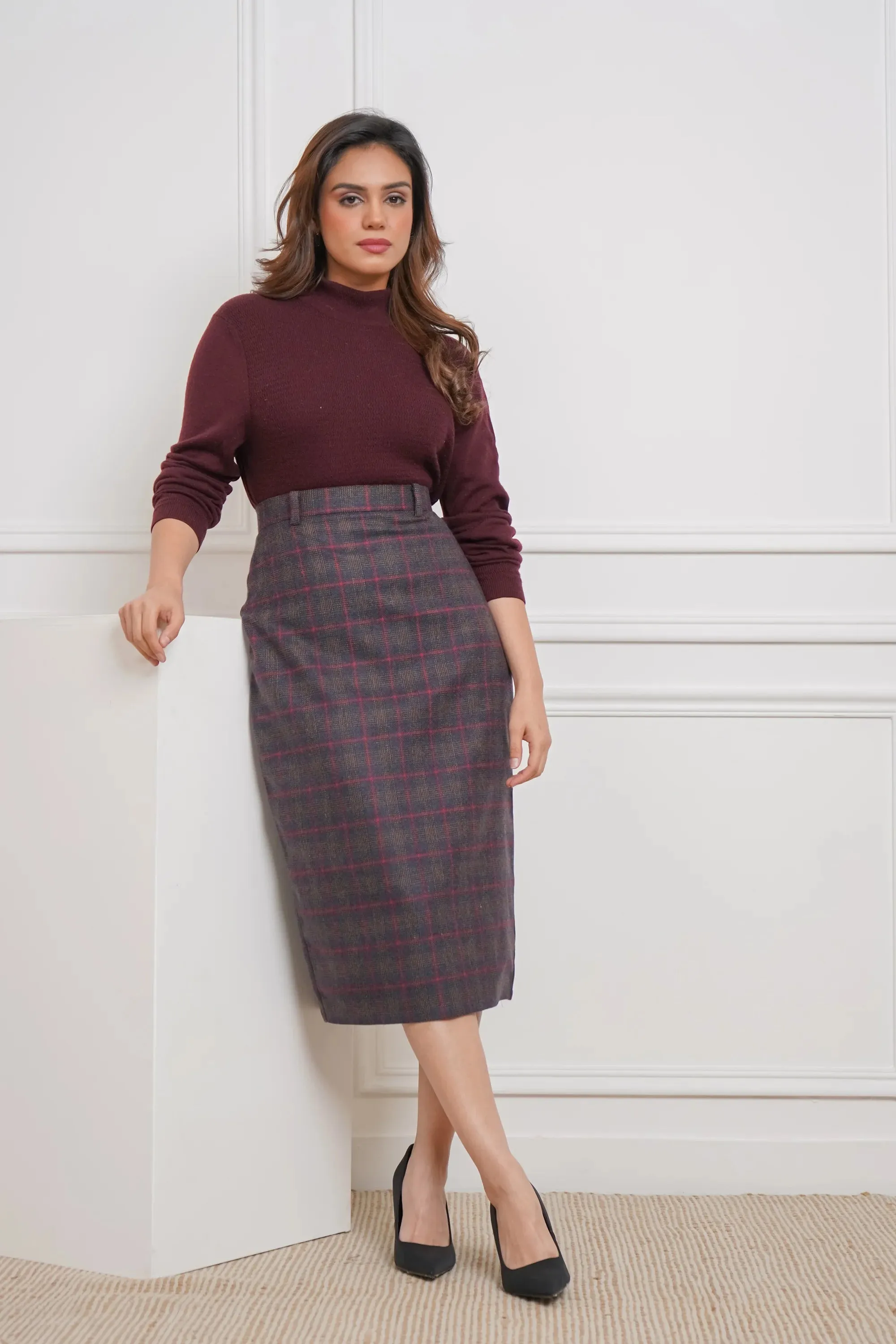 Midnight Grid, Wool Pencil Skirt