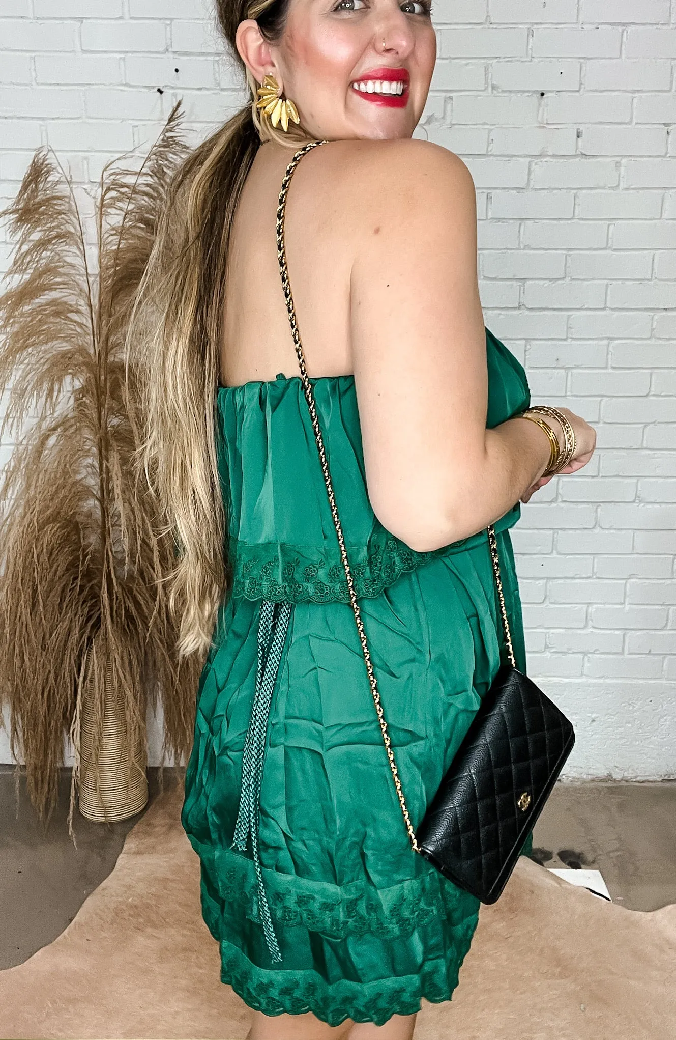 Mini Satin Lace Dress - Green