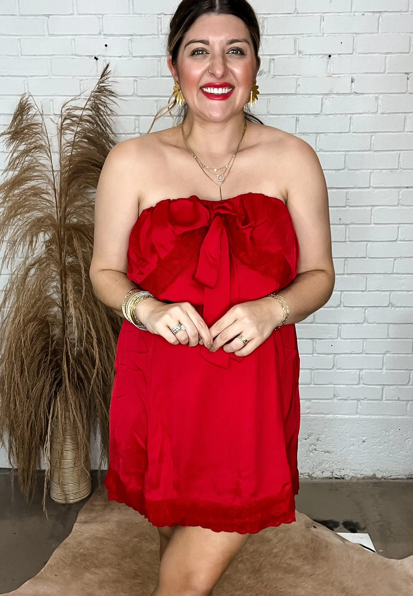 Mini Satin Lace Dress - Red