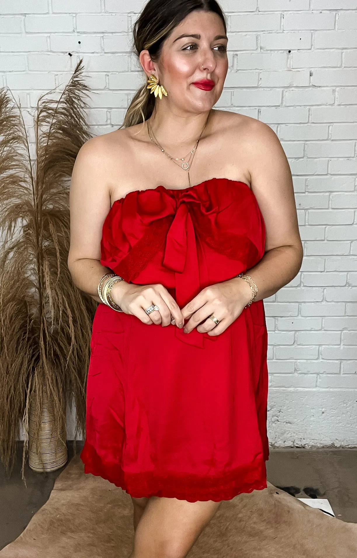 Mini Satin Lace Dress - Red