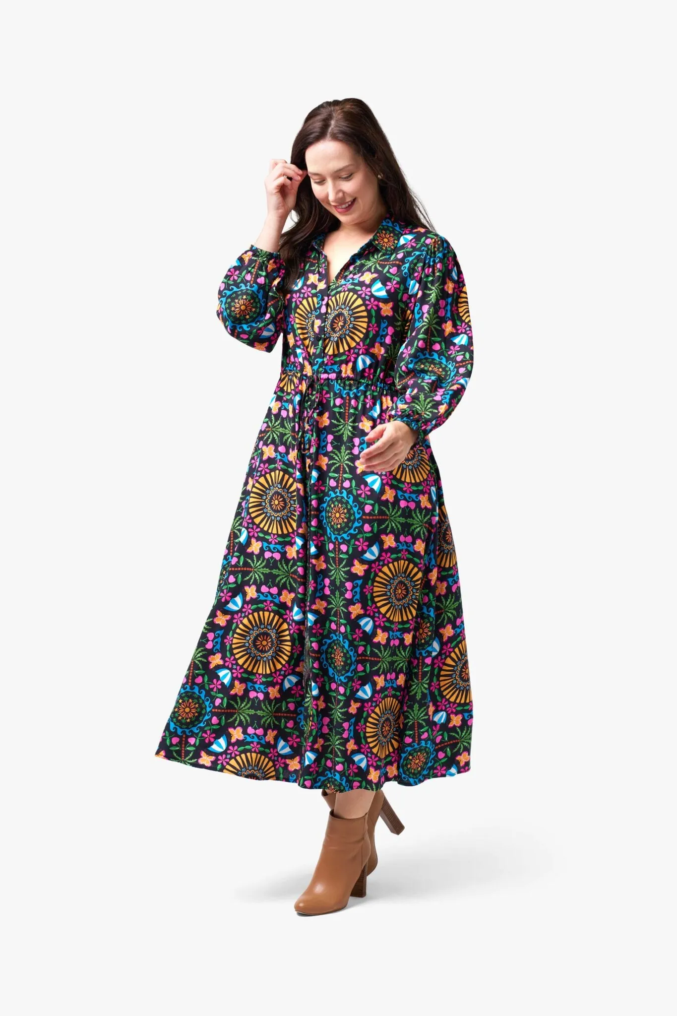 Multi Colour "Frankie" Long Sleeve Midi Shirt Dress