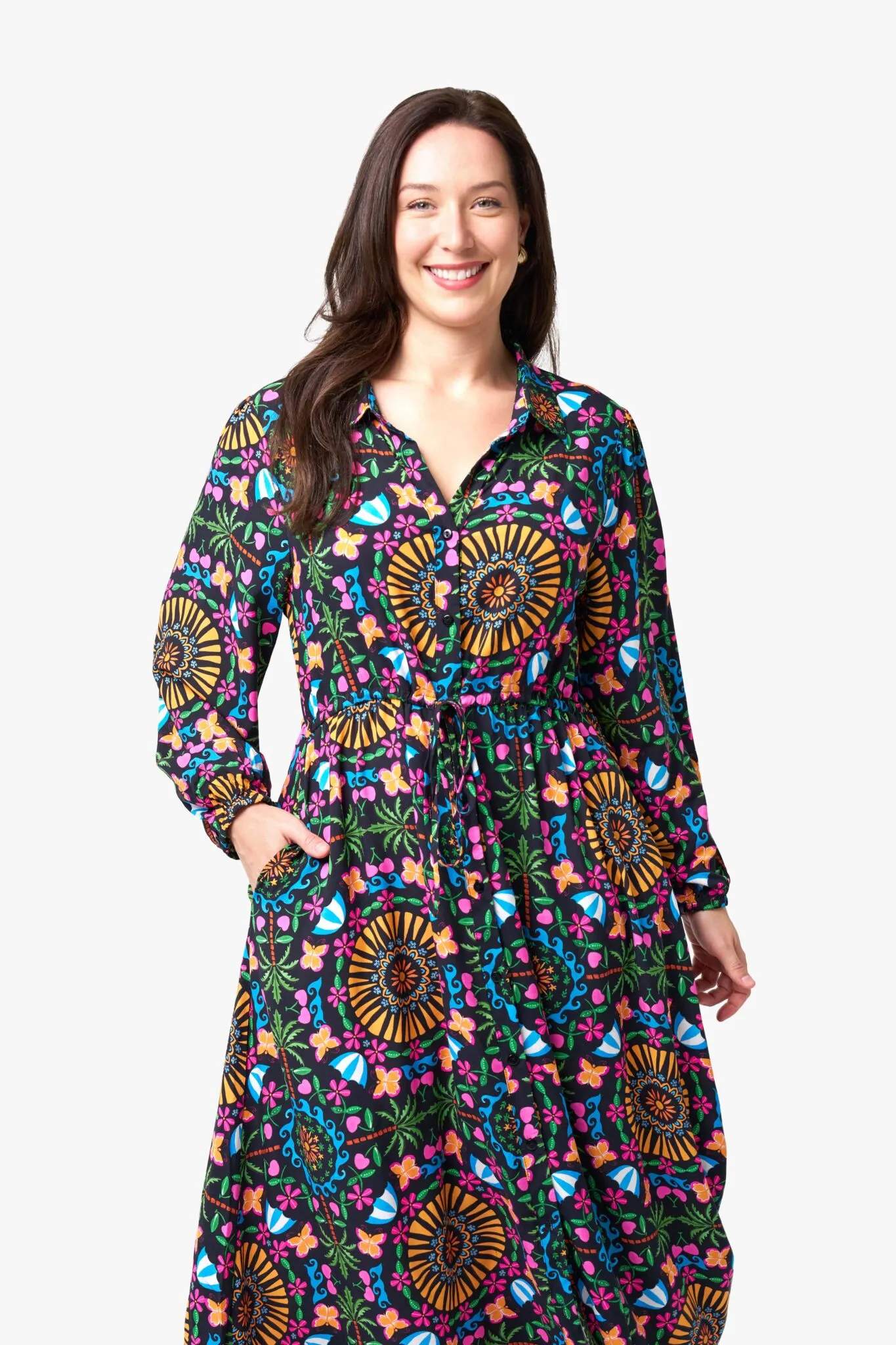Multi Colour "Frankie" Long Sleeve Midi Shirt Dress