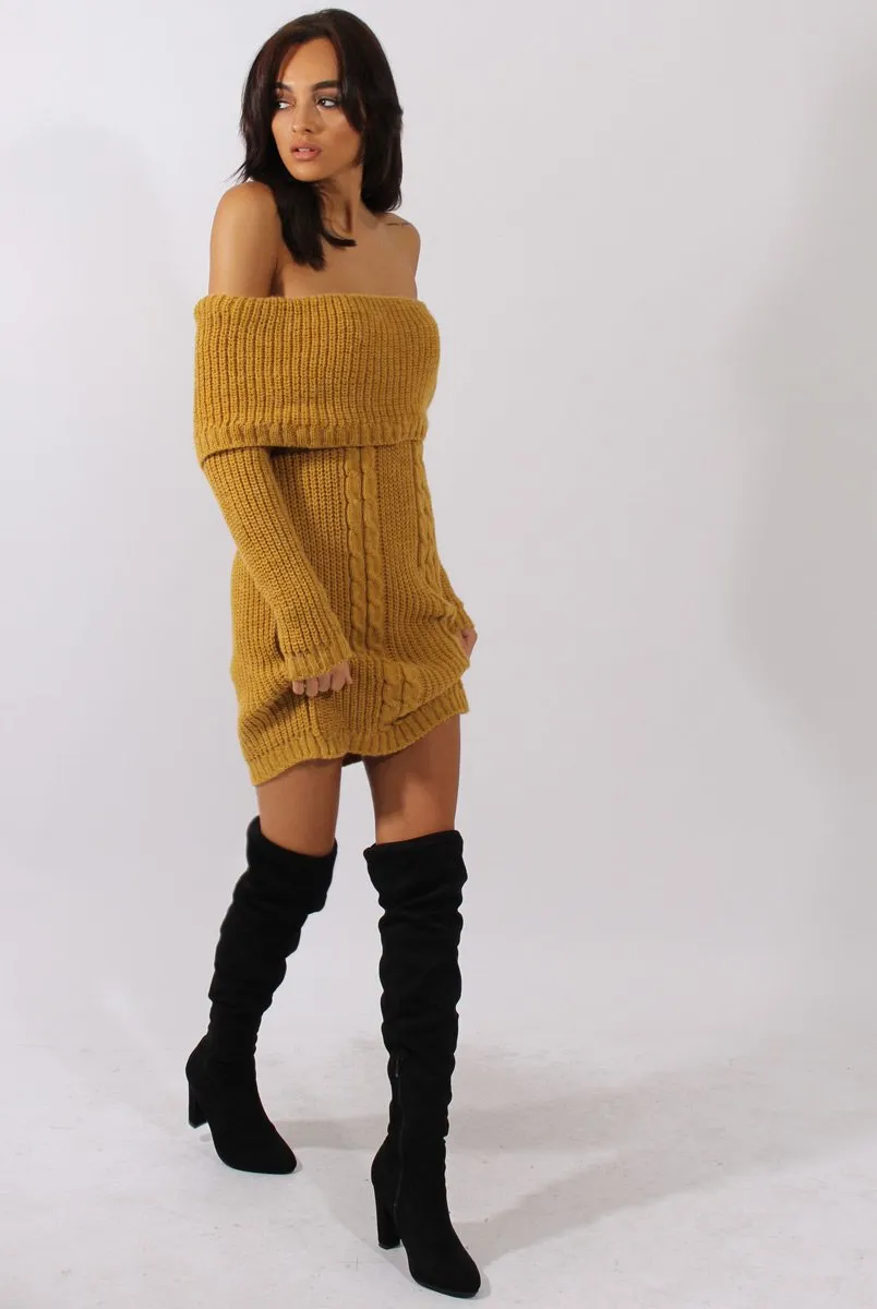 Mustard Bardot Heavy Knit Jumper Dress - Suzy